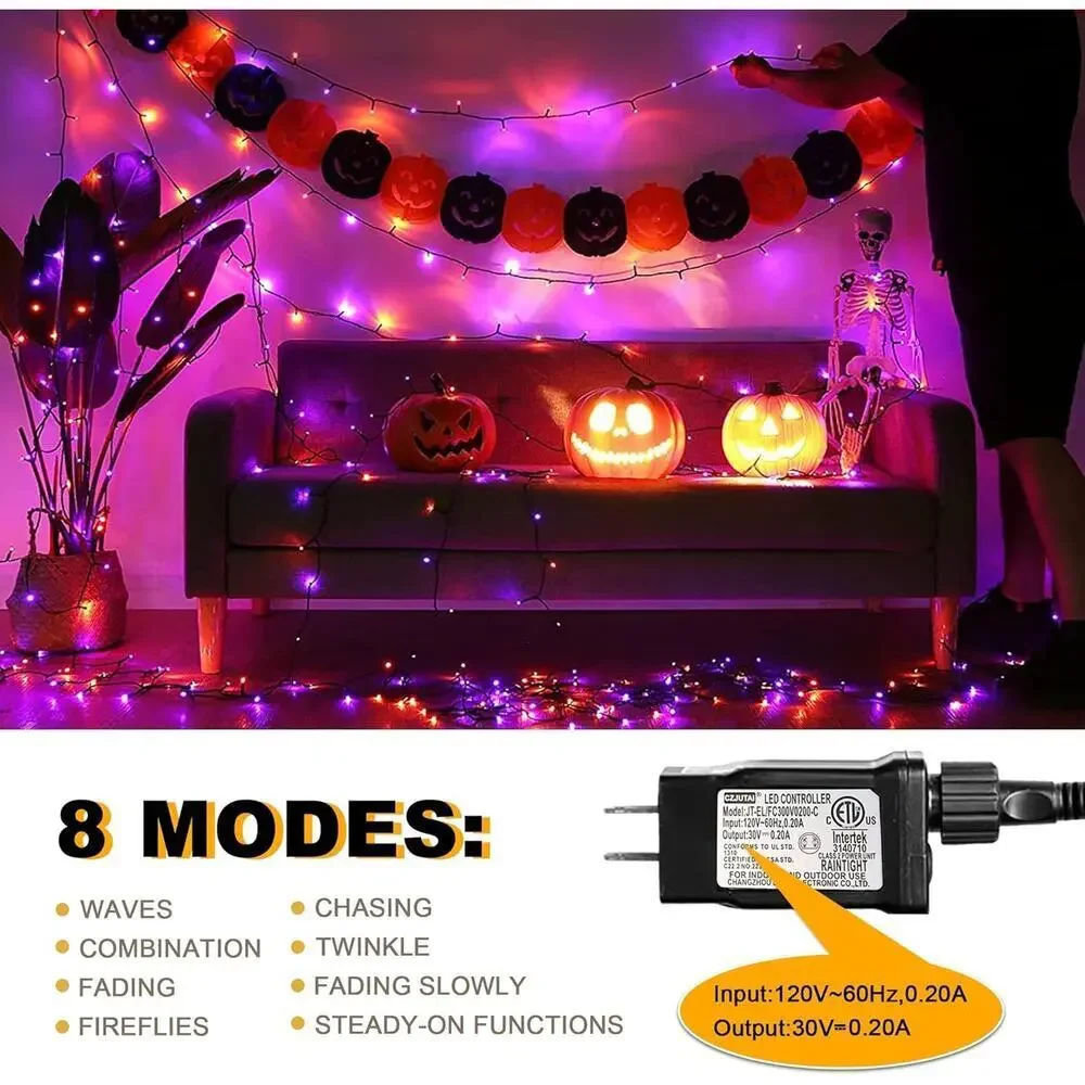 Halloween String Lights 164FT 500 LED Purple Orange 8 Modes Indoor Outdoor Decor